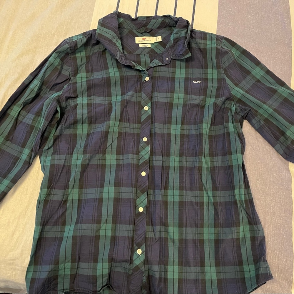 Vineyard Vines Navy and Green Plaid Shirt